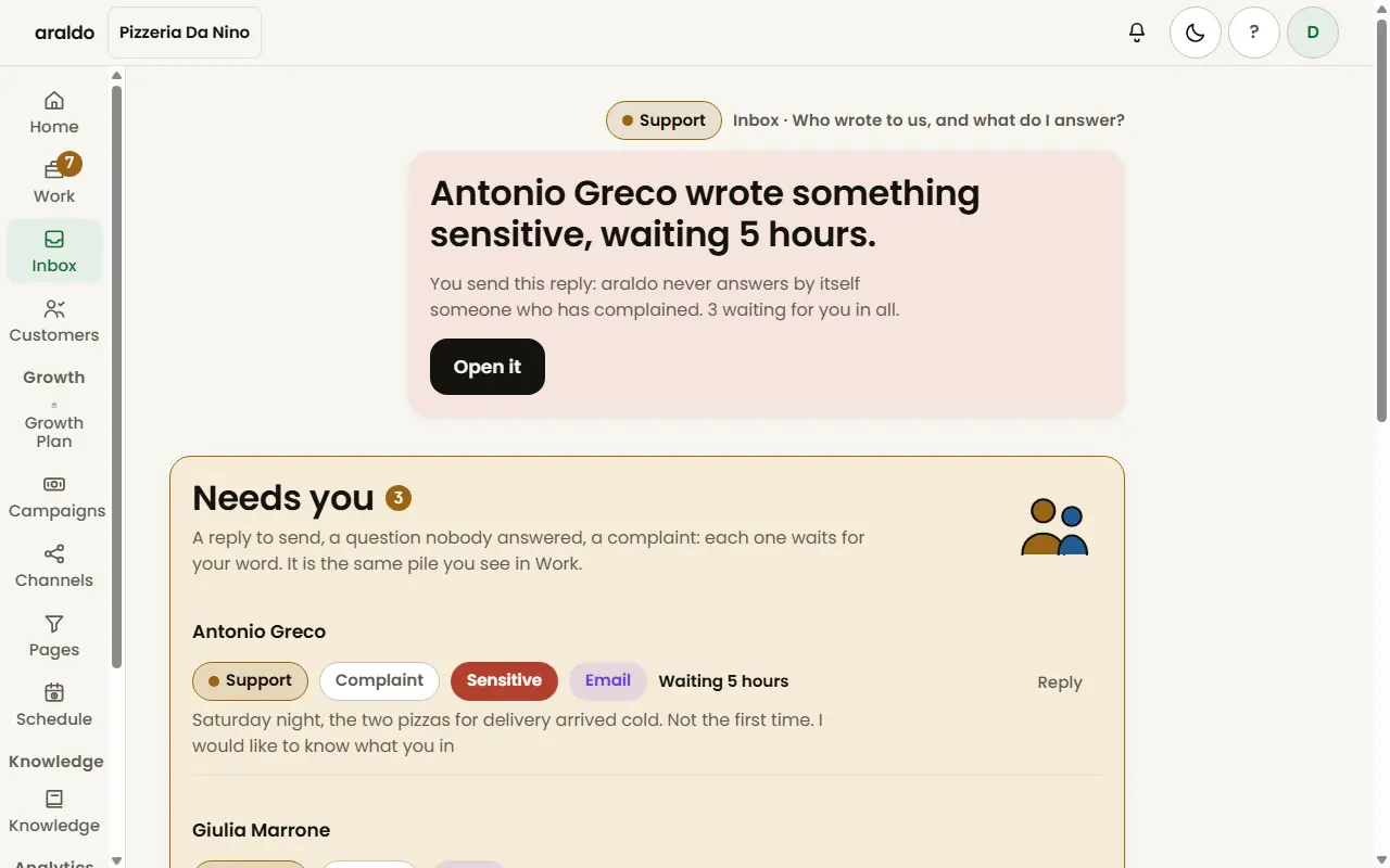 araldo screen: Inbox: who wrote to you and the reply already drafted