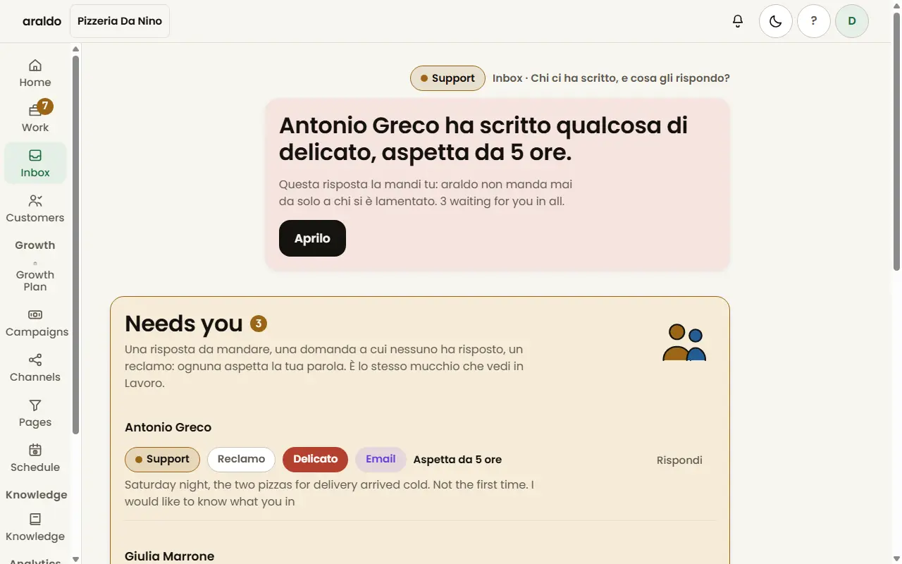 Schermata di araldo: Casella: chi ti ha scritto e la risposta già pronta