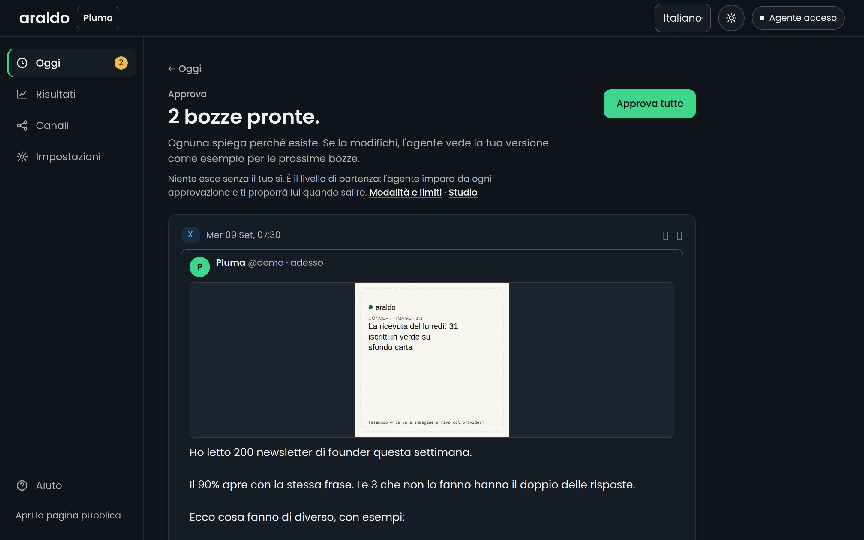 La schermata Oggi: un post da approvare, con i bottoni Approva e Modifica