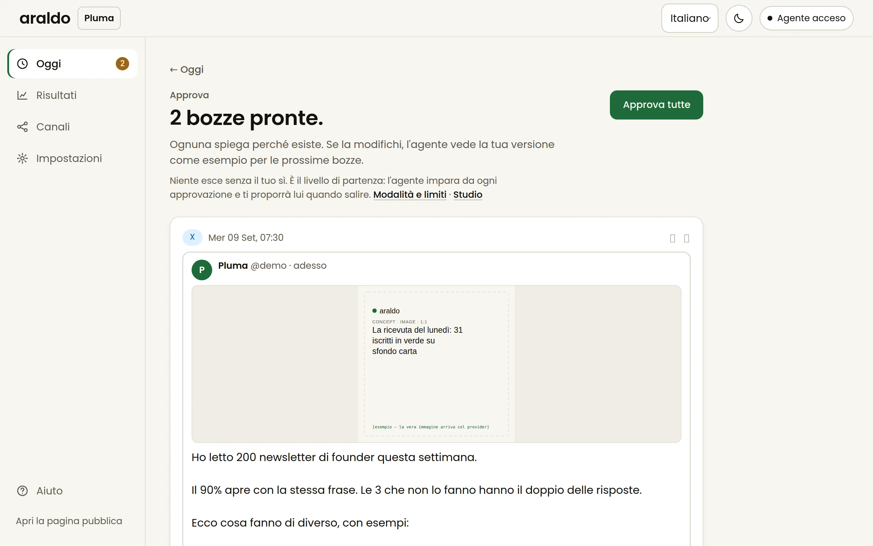 La schermata Oggi: un post da approvare, con i bottoni Approva e Modifica