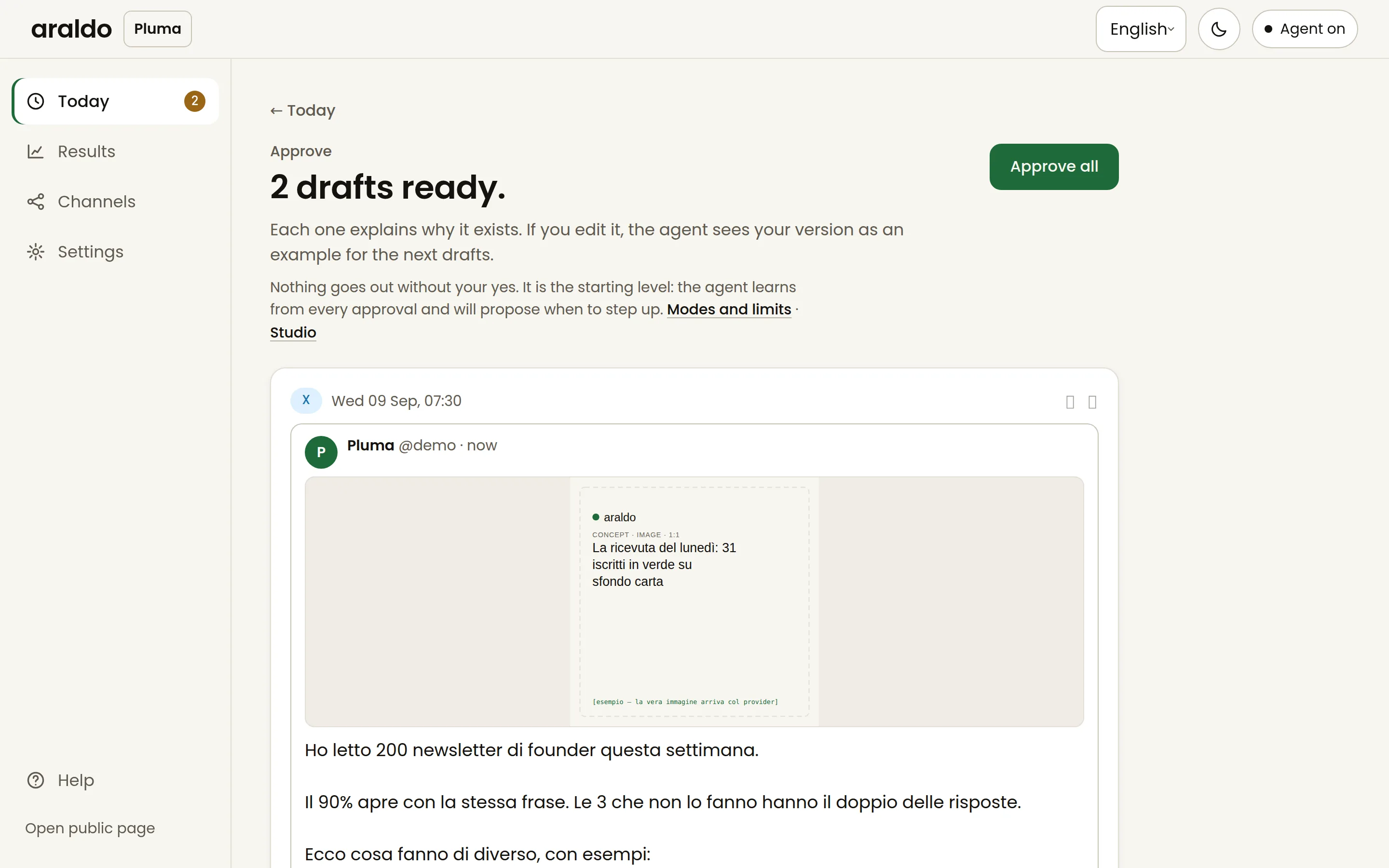 The Today screen: a post waiting for approval, with Approve and Edit buttons