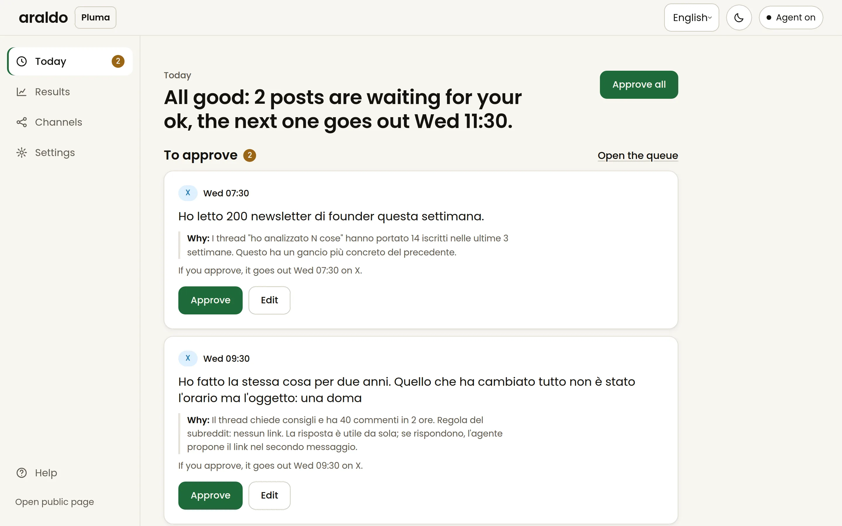 araldo's Today screen: posts waiting for approval and what goes out today